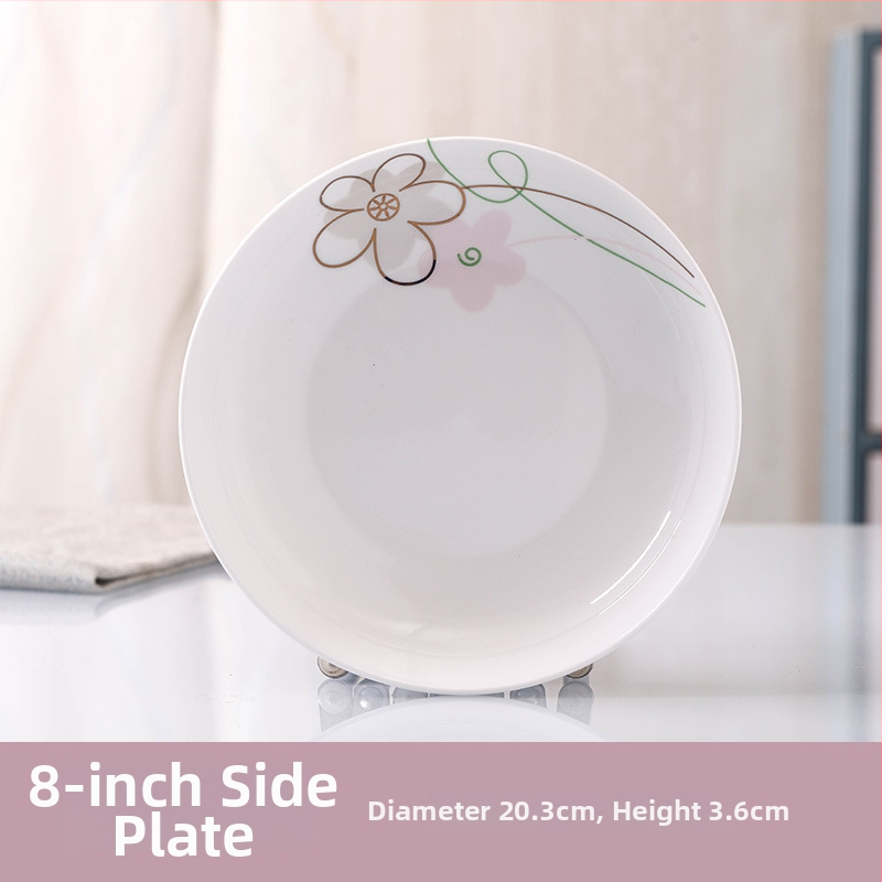 Keraminis stalo servizo rinkinys: ryžių dubenėliai, sriubos dubenėliai ir lėkštės; kaulinis porcelianas (>36% kaulo); gėlių raštas; dažyta glazūra; tinkamas mikrobangų krosnelėms.