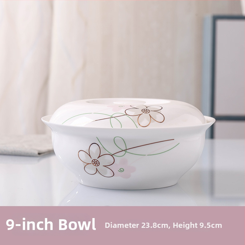 Keraminis stalo servizo rinkinys: ryžių dubenėliai, sriubos dubenėliai ir lėkštės; kaulinis porcelianas (>36% kaulo); gėlių raštas; dažyta glazūra; tinkamas mikrobangų krosnelėms.