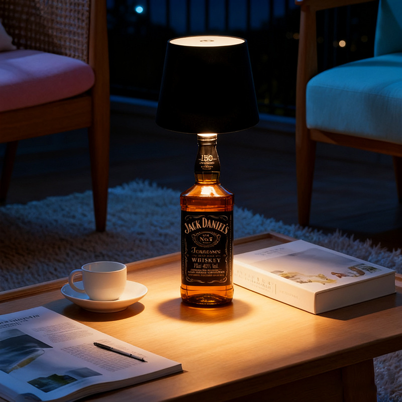 Vīna pudeles galda lampai ar RGB ambientā gaismu, metāla turētājs, radošs stils, OEM logotips, stāvošs dizains