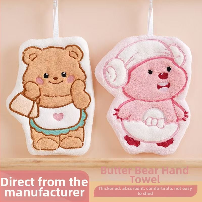 Prosop de mână din fleece coral, cu motiv ursuleț drăguț, cu posibilitate de agățare, absorbant și moale (Material: coral fleece; 30–50 g; Fire: 150D; Broderie)