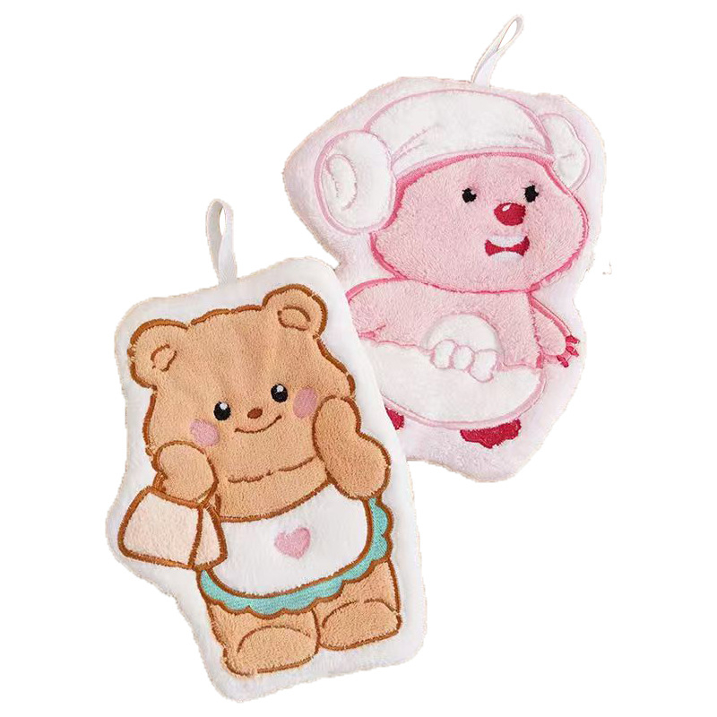 Prosop de mână din fleece coral, cu motiv ursuleț drăguț, cu posibilitate de agățare, absorbant și moale (Material: coral fleece; 30–50 g; Fire: 150D; Broderie)