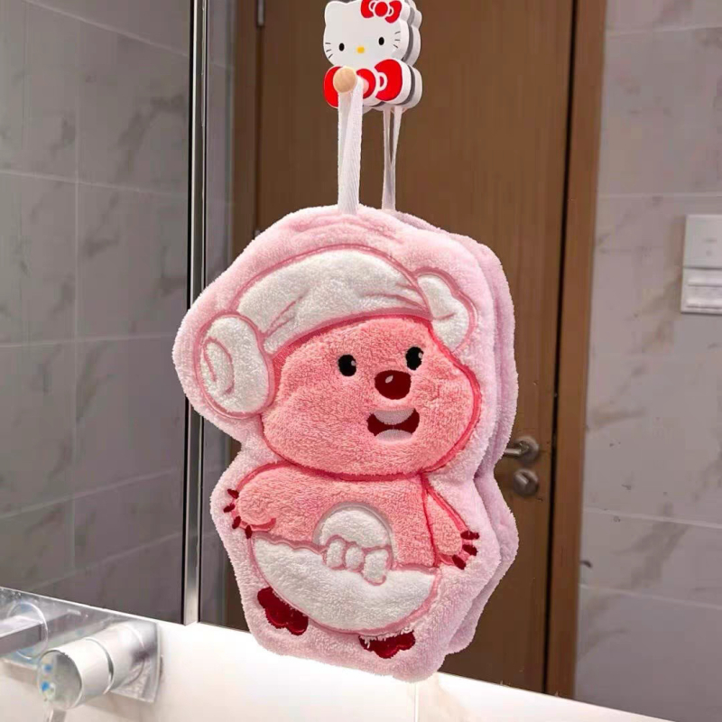 Prosop de mână din fleece coral, cu motiv ursuleț drăguț, cu posibilitate de agățare, absorbant și moale (Material: coral fleece; 30–50 g; Fire: 150D; Broderie)