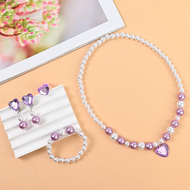 Σετ παιδικών κοσμημάτων: κολιέ και σκουλαρίκια, χειροποίητο, πλαστικές χάντρες με μαργαρινοειδή φινίρισμα, καρδιάς λεπτομέρειες, περιλαμβάνει κολιέ με ρύθμιση, ρυθμιζόμενο μήκος