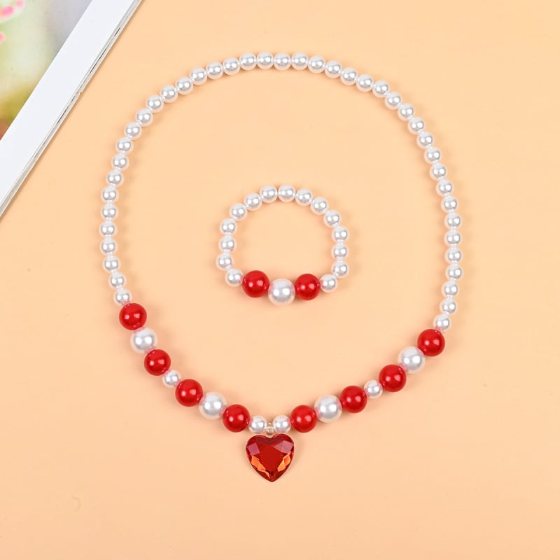 Σετ παιδικών κοσμημάτων: κολιέ και σκουλαρίκια, χειροποίητο, πλαστικές χάντρες με μαργαρινοειδή φινίρισμα, καρδιάς λεπτομέρειες, περιλαμβάνει κολιέ με ρύθμιση, ρυθμιζόμενο μήκος