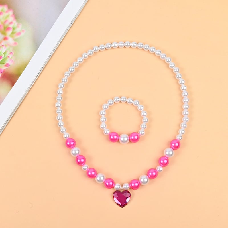 Σετ παιδικών κοσμημάτων: κολιέ και σκουλαρίκια, χειροποίητο, πλαστικές χάντρες με μαργαρινοειδή φινίρισμα, καρδιάς λεπτομέρειες, περιλαμβάνει κολιέ με ρύθμιση, ρυθμιζόμενο μήκος
