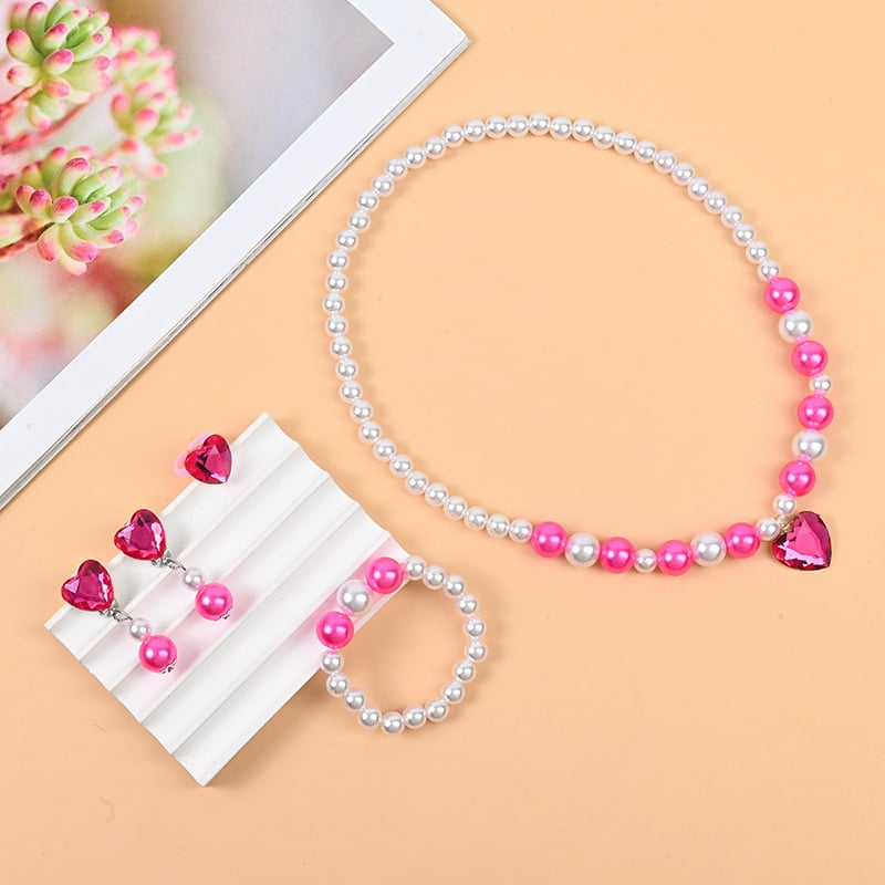 Σετ παιδικών κοσμημάτων: κολιέ και σκουλαρίκια, χειροποίητο, πλαστικές χάντρες με μαργαρινοειδή φινίρισμα, καρδιάς λεπτομέρειες, περιλαμβάνει κολιέ με ρύθμιση, ρυθμιζόμενο μήκος