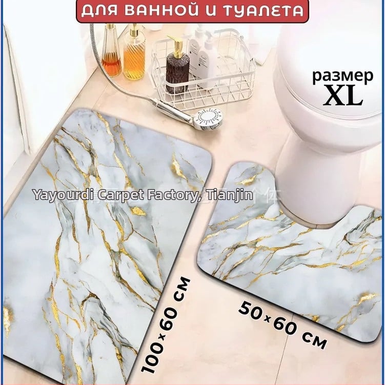 Двоен комплект килимчета за баня и тоалетна – полиестер, дигитален печат, квадратна форма, шарки: ивици, едноцветни или геометрични, миещи се, минималистичен скандинавски стил