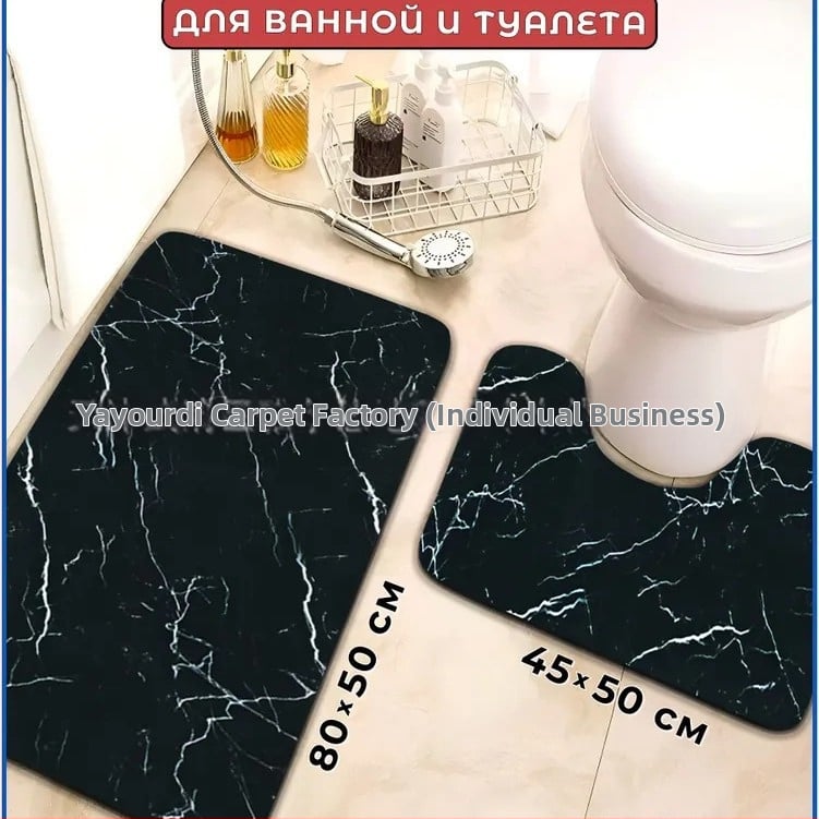 Двоен комплект килимчета за баня и тоалетна – полиестер, дигитален печат, квадратна форма, шарки: ивици, едноцветни или геометрични, миещи се, минималистичен скандинавски стил