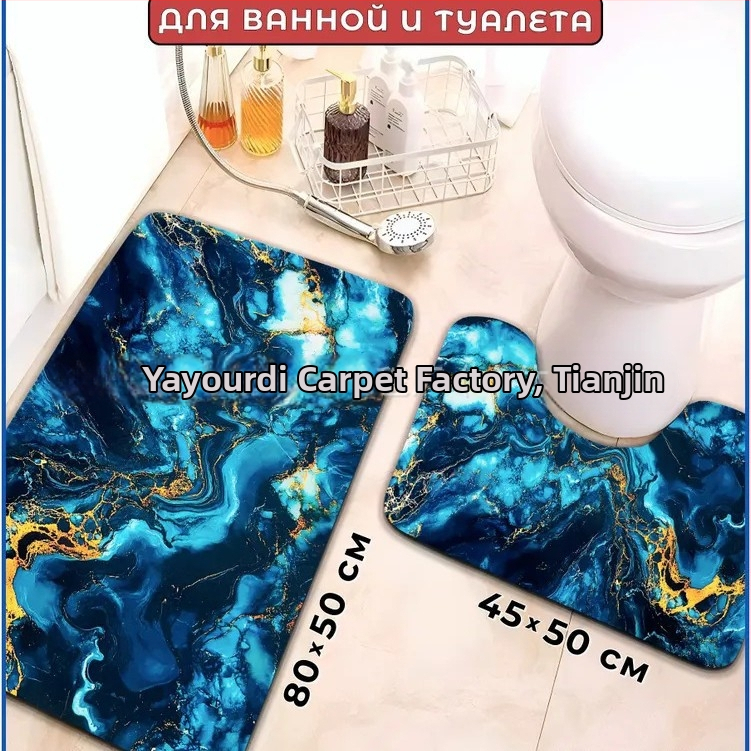 Двоен комплект килимчета за баня и тоалетна – полиестер, дигитален печат, квадратна форма, шарки: ивици, едноцветни или геометрични, миещи се, минималистичен скандинавски стил