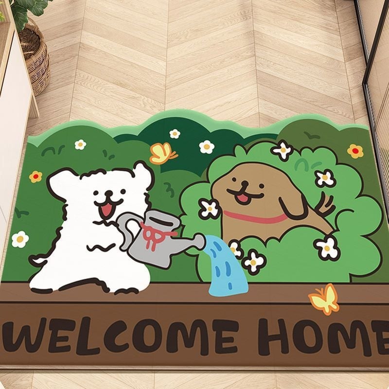 Входна килимка за пода с рисунка на кученце, кристален велур, квадратна форма, пера се