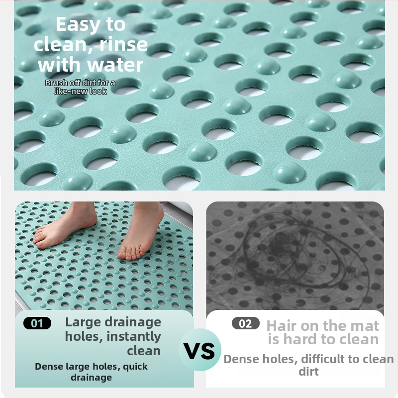 Правоъгълен подов килим за баня, PVC, плетен, антихлъзгащ се с вакуумни чашки и големи дренажни отвори, масажира крака, машинно пране