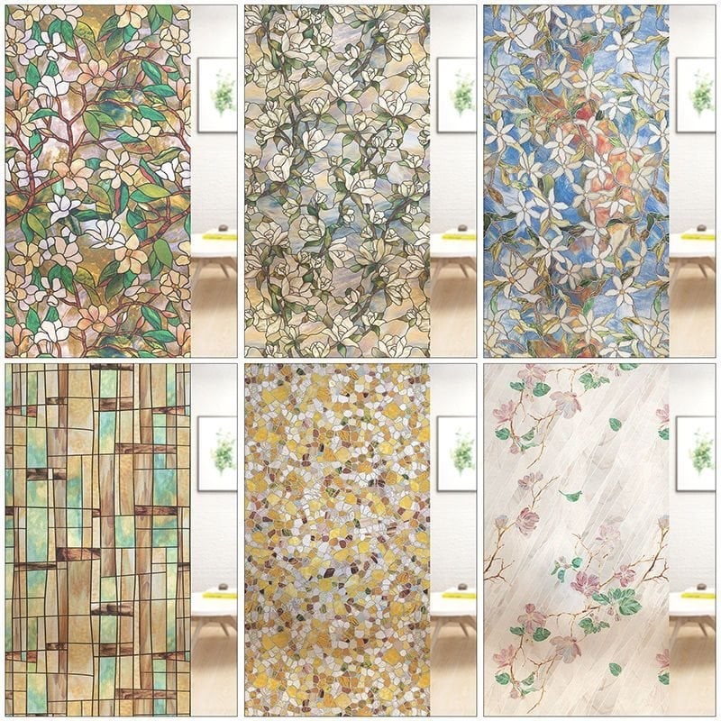 Stikla loga filma bez līmes, matēts ziedu motīvs, PVC, pašlīmējošs, Eiropas stila apglezots dizains