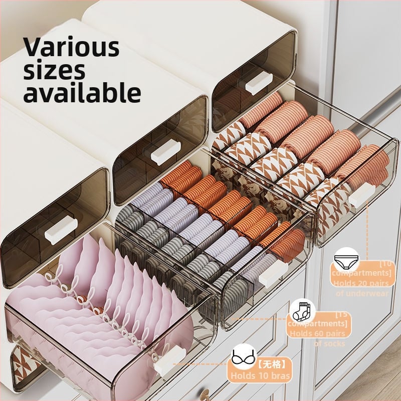 Apakšveļas uzglabāšanas kārba ar atvilktnēm, 3 vienā dizains, 18 l tilpums, polipropilēns, koka raksts, japāņu stila garderobes organizētājs