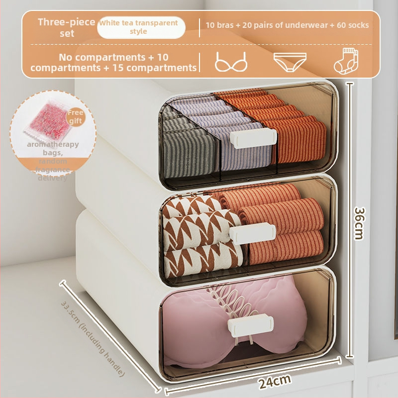 Apakšveļas uzglabāšanas kārba ar atvilktnēm, 3 vienā dizains, 18 l tilpums, polipropilēns, koka raksts, japāņu stila garderobes organizētājs