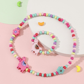 Set colier și brățară din mărgele de lemn, lucrat manual, pentru copii, cu modele animale și plante