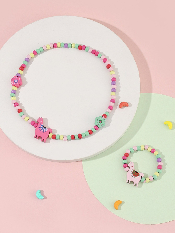 Set colier și brățară din mărgele de lemn, lucrat manual, pentru copii, cu modele animale și plante