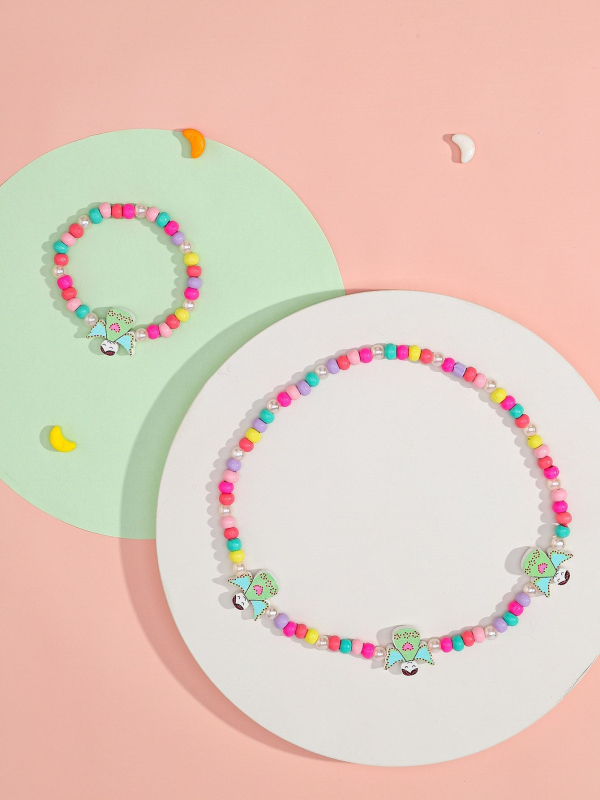 Set colier și brățară din mărgele de lemn, lucrat manual, pentru copii, cu modele animale și plante