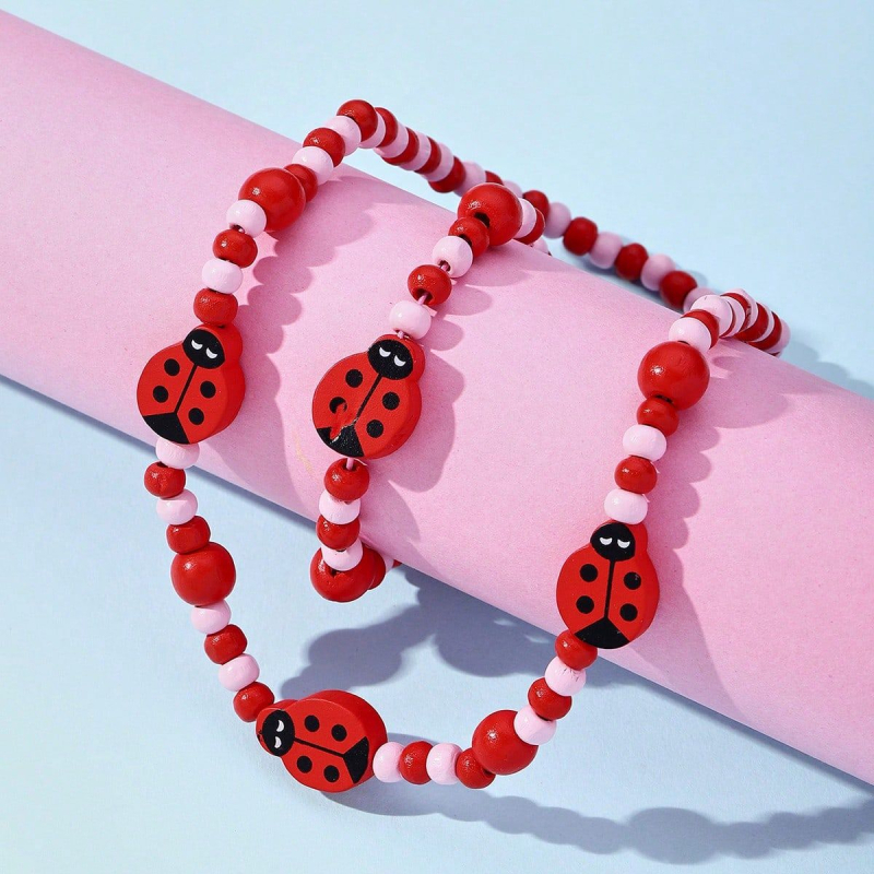 Set colier și brățară din mărgele de lemn, lucrat manual, pentru copii, cu modele animale și plante