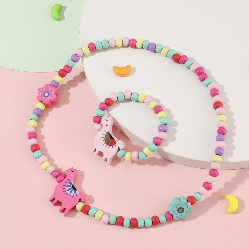 Set colier și brățară din mărgele de lemn, lucrat manual, pentru copii, cu modele animale și plante