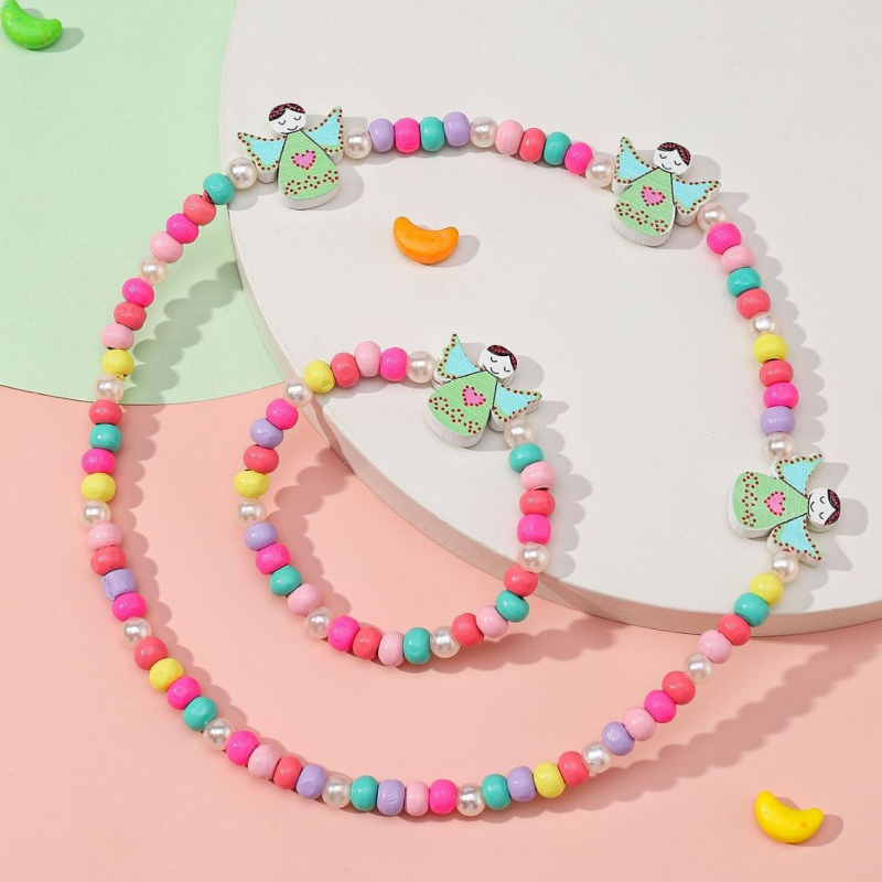 Set colier și brățară din mărgele de lemn, lucrat manual, pentru copii, cu modele animale și plante