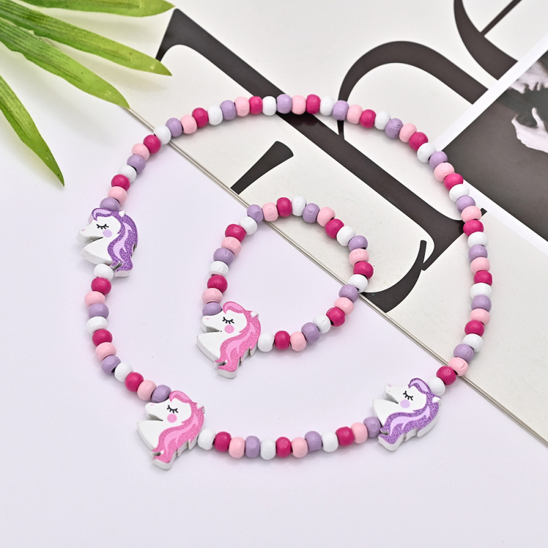 Set colier și brățară din mărgele de lemn, lucrat manual, pentru copii, cu modele animale și plante