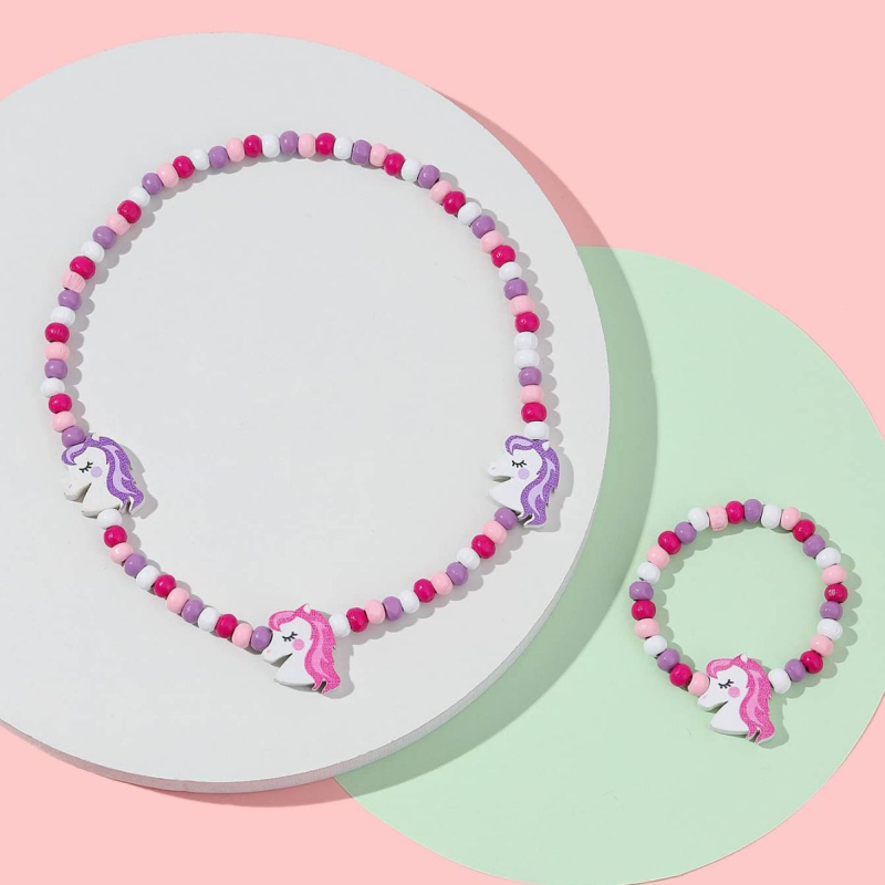 Set colier și brățară din mărgele de lemn, lucrat manual, pentru copii, cu modele animale și plante