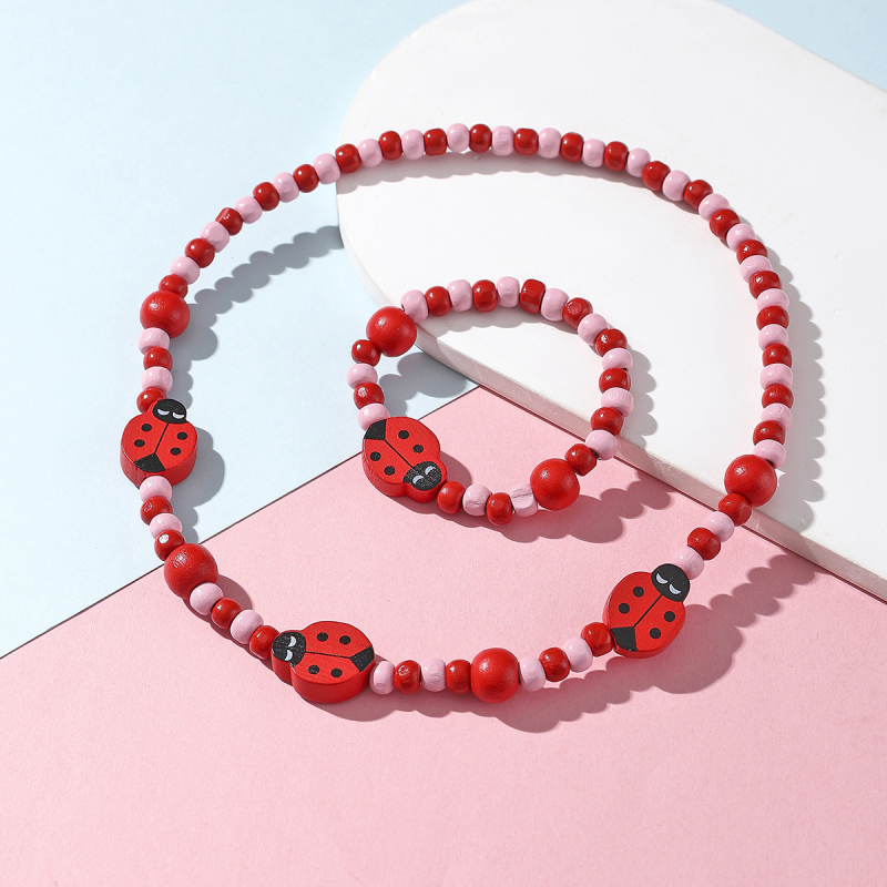 Set colier și brățară din mărgele de lemn, lucrat manual, pentru copii, cu modele animale și plante