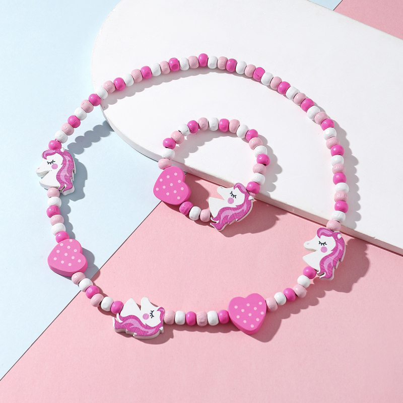 Set colier și brățară din mărgele de lemn, lucrat manual, pentru copii, cu modele animale și plante