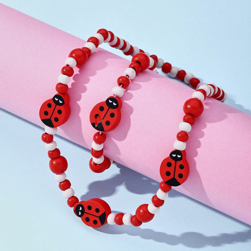 Set colier și brățară din mărgele de lemn, lucrat manual, pentru copii, cu modele animale și plante