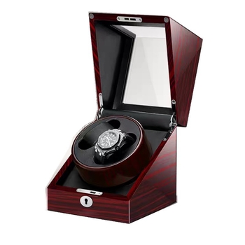 Mechaninė laikrodžių vyniojimo dėžutė – laikrodžių saugojimo dėklas su automatinio vyniojimo funkcija, anti-magnetinis, 2+0 dizainas; kietas medis su PU oda, veliūro vidus ir pianino lakas paviršius.