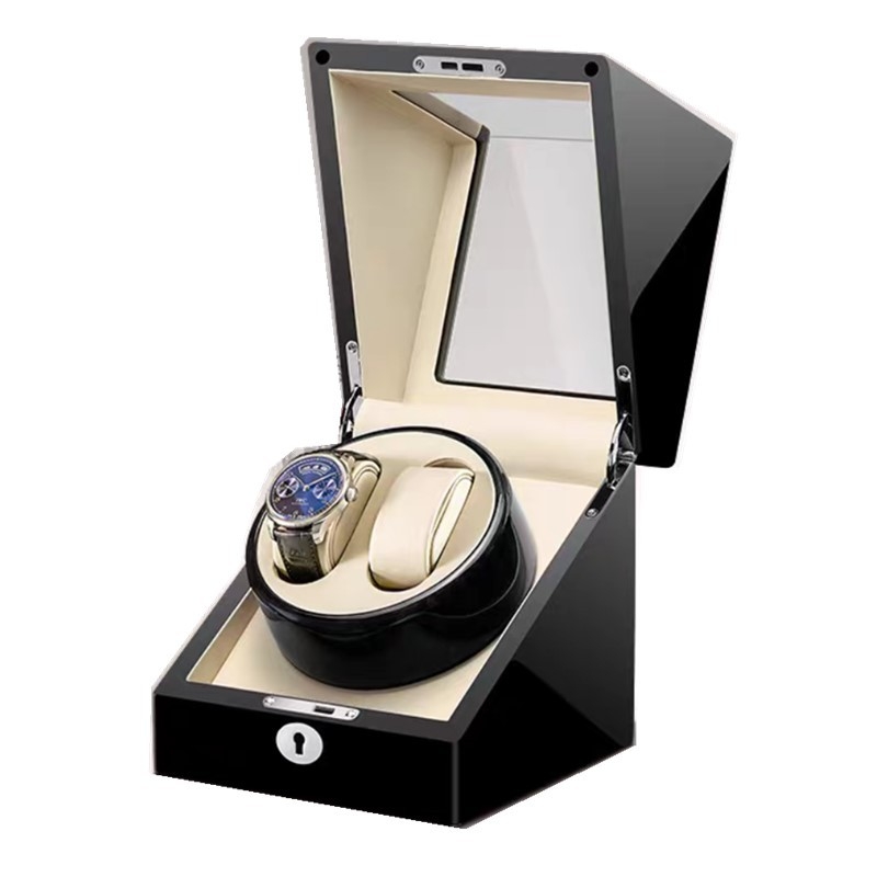 Mechaninė laikrodžių vyniojimo dėžutė – laikrodžių saugojimo dėklas su automatinio vyniojimo funkcija, anti-magnetinis, 2+0 dizainas; kietas medis su PU oda, veliūro vidus ir pianino lakas paviršius.
