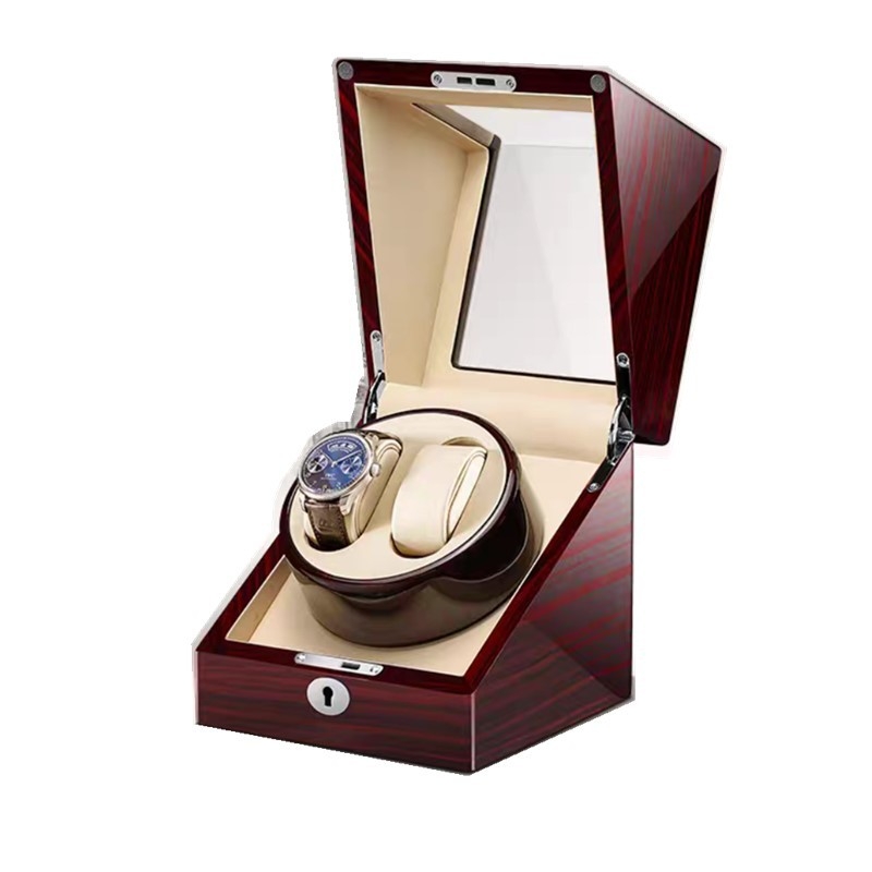 Mechaninė laikrodžių vyniojimo dėžutė – laikrodžių saugojimo dėklas su automatinio vyniojimo funkcija, anti-magnetinis, 2+0 dizainas; kietas medis su PU oda, veliūro vidus ir pianino lakas paviršius.