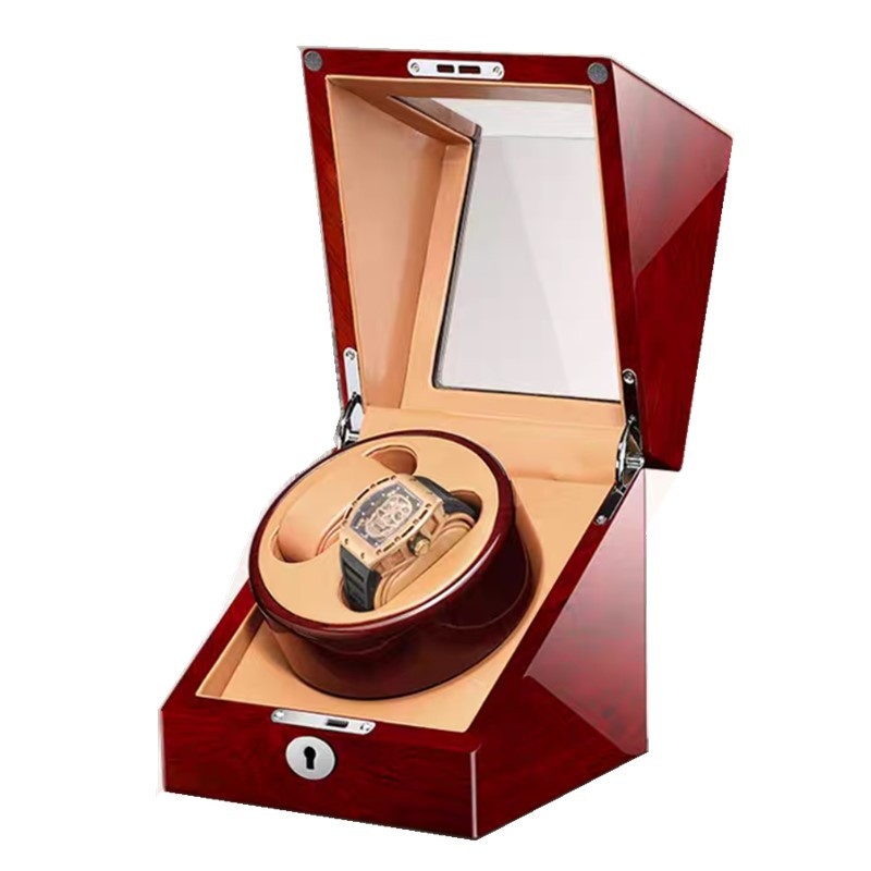 Mechaninė laikrodžių vyniojimo dėžutė – laikrodžių saugojimo dėklas su automatinio vyniojimo funkcija, anti-magnetinis, 2+0 dizainas; kietas medis su PU oda, veliūro vidus ir pianino lakas paviršius.