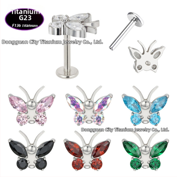 Lūpų papuošalas – drugelio formos titano lydinio su cirkonio kristalais (5A), grynumas G23