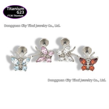 Lūpų papuošalas – drugelio formos titano lydinio su cirkonio kristalais (5A), grynumas G23