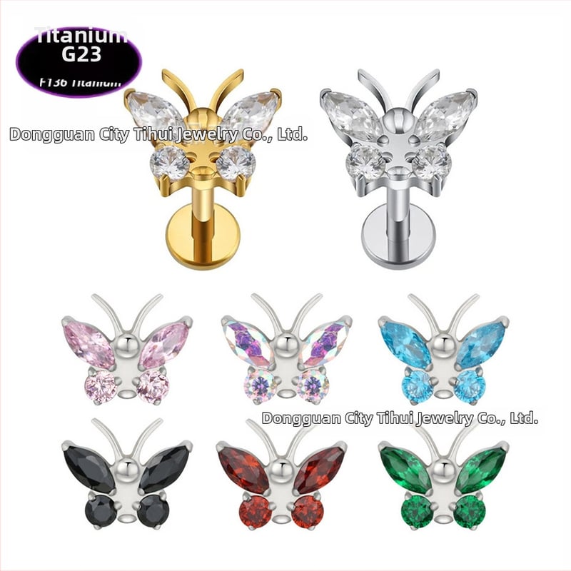 Lūpų papuošalas – drugelio formos titano lydinio su cirkonio kristalais (5A), grynumas G23