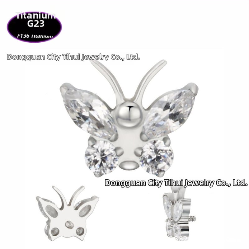 Lūpų papuošalas – drugelio formos titano lydinio su cirkonio kristalais (5A), grynumas G23