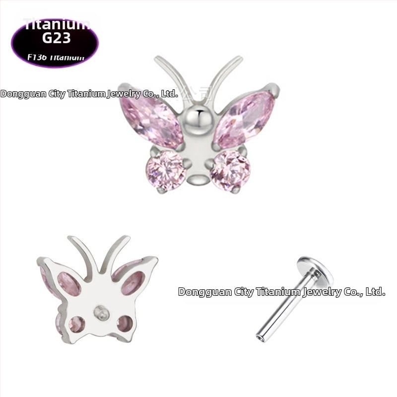 Lūpų papuošalas – drugelio formos titano lydinio su cirkonio kristalais (5A), grynumas G23