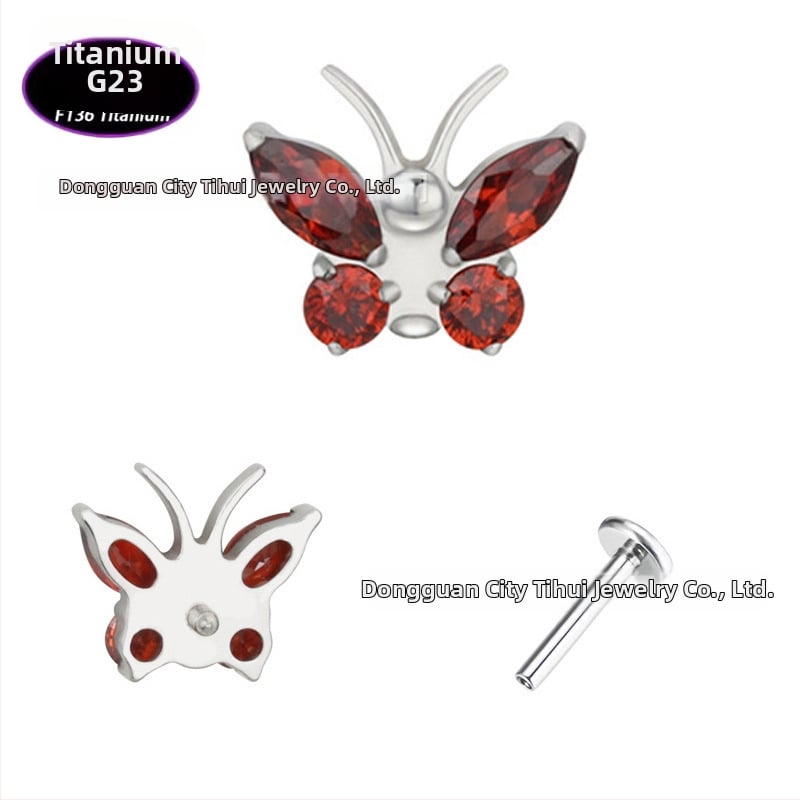 Lūpų papuošalas – drugelio formos titano lydinio su cirkonio kristalais (5A), grynumas G23