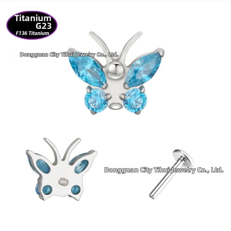 Lūpų papuošalas – drugelio formos titano lydinio su cirkonio kristalais (5A), grynumas G23