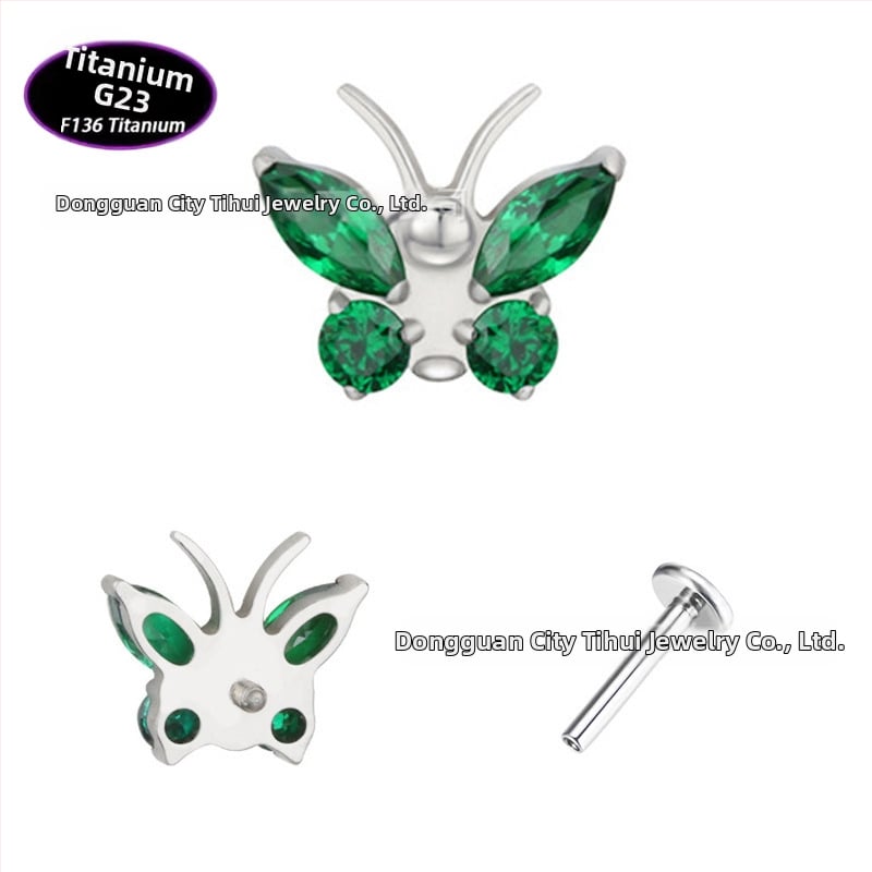 Lūpų papuošalas – drugelio formos titano lydinio su cirkonio kristalais (5A), grynumas G23