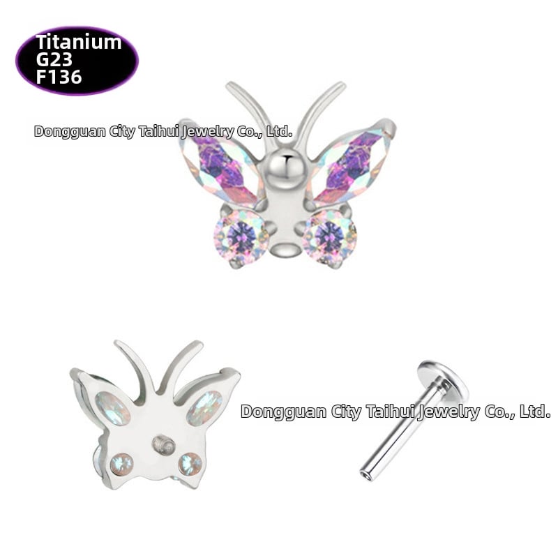 Lūpų papuošalas – drugelio formos titano lydinio su cirkonio kristalais (5A), grynumas G23