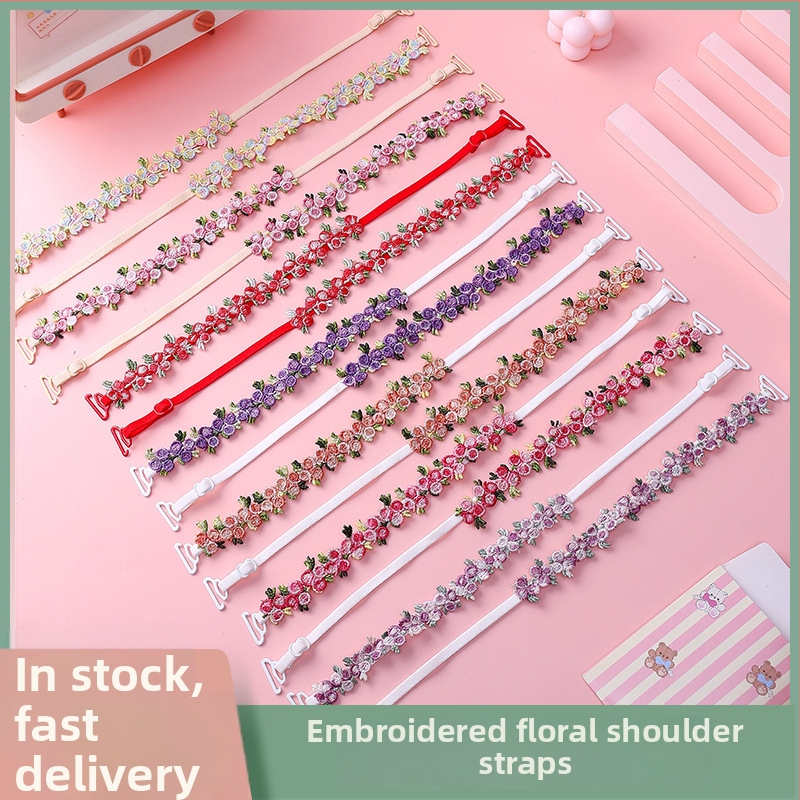 Krajkové ramienka podprsenky s vyšívanými kvetmi, náhradné ramienka pre spodné prádlo, dvojité ramenné popruhy