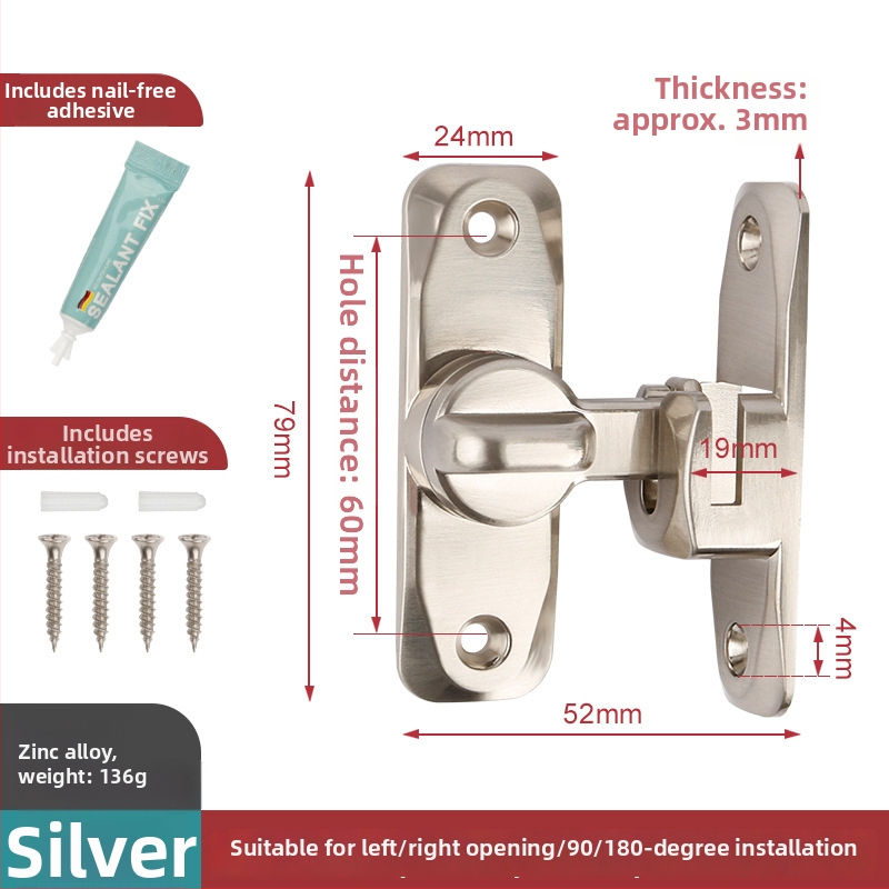 Bez urbšanas durvju aizslēgs 90° plūsmīgām durvīm – cinka sakausējuma materiāls, piemērots šķūnim un vannas istabai
