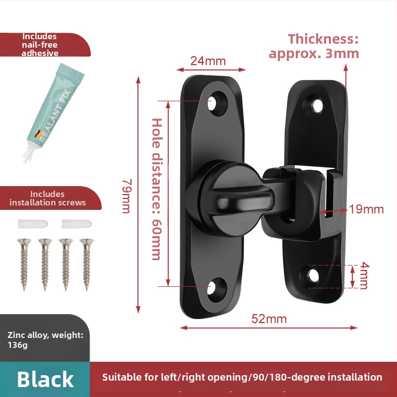 Bez urbšanas durvju aizslēgs 90° plūsmīgām durvīm – cinka sakausējuma materiāls, piemērots šķūnim un vannas istabai