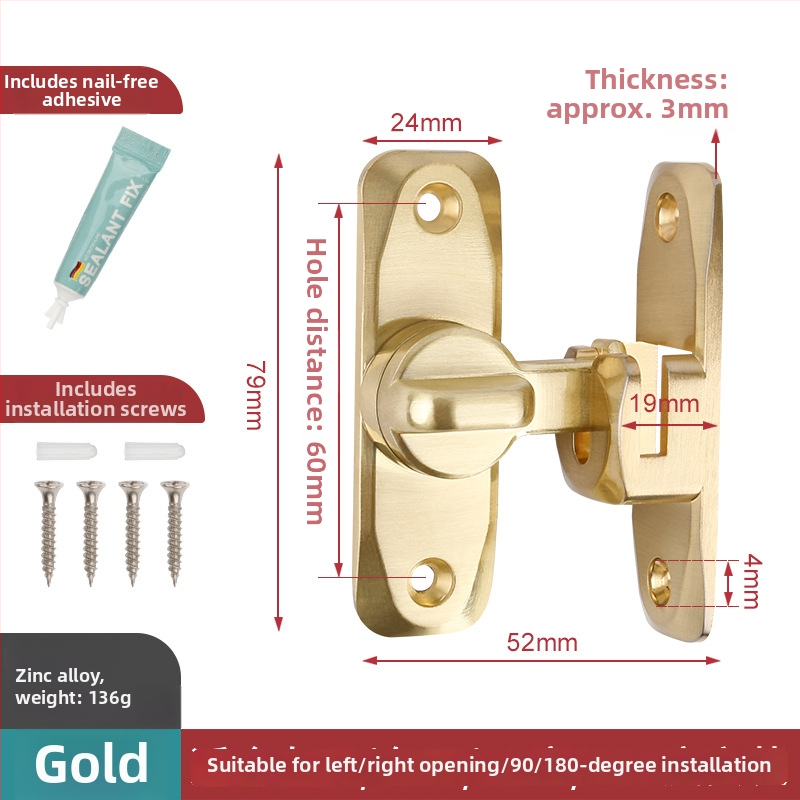Bez urbšanas durvju aizslēgs 90° plūsmīgām durvīm – cinka sakausējuma materiāls, piemērots šķūnim un vannas istabai