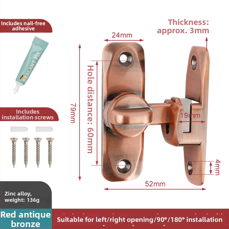 Bez urbšanas durvju aizslēgs 90° plūsmīgām durvīm – cinka sakausējuma materiāls, piemērots šķūnim un vannas istabai