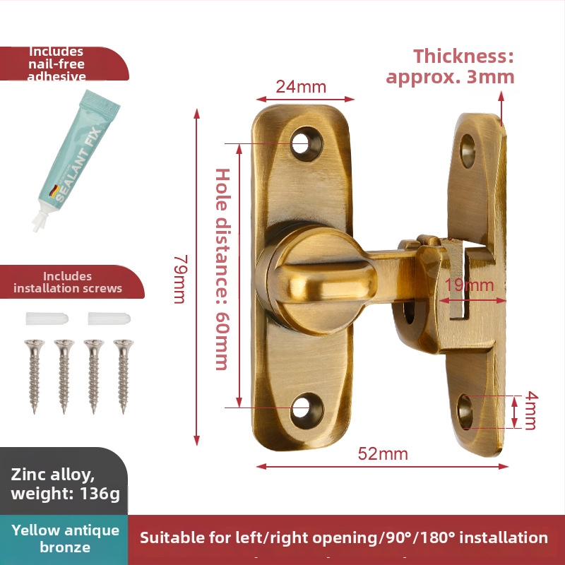 Bez urbšanas durvju aizslēgs 90° plūsmīgām durvīm – cinka sakausējuma materiāls, piemērots šķūnim un vannas istabai