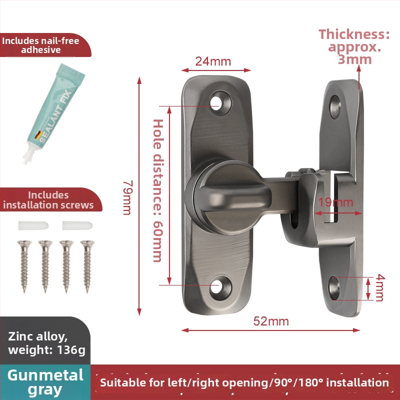 Bez urbšanas durvju aizslēgs 90° plūsmīgām durvīm – cinka sakausējuma materiāls, piemērots šķūnim un vannas istabai