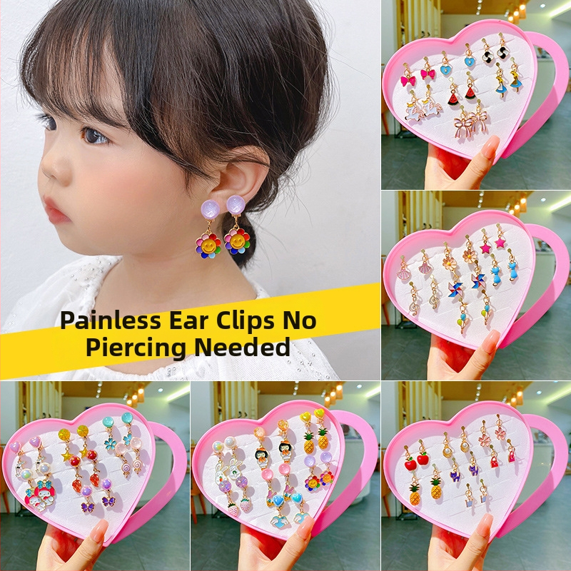 Detské ušné klipsy – Cartoon Princess séria, ručne vyrobené z zliatiny, bez piercingu, pre vek 3–6, 6–10 a 10+